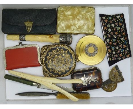 A silver and ivory parasol handle, compacts, purses, cigarette cases, etc.