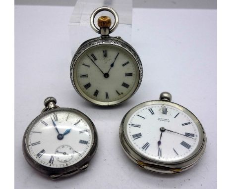 Three silver fob watches