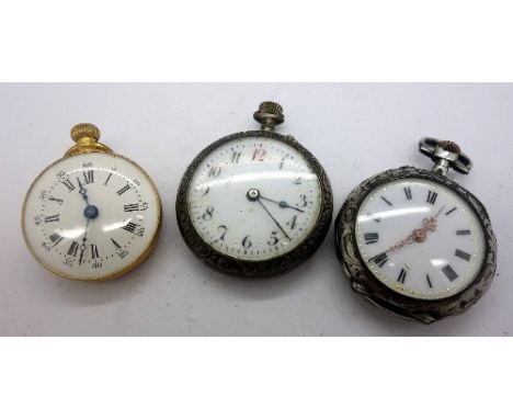 Two silver fob watches and a charm in the form of a fob watch