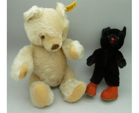 A Steiff Teddy bear and a Kersa soft toy cat, height of cat 15.5cm