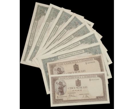 Banco Nationala a Romaniei, 500 Lei (2), 20 April 1942, prefixes W/10 and N/10, also 1000 Lei (7), 10 September 1941, prefixe