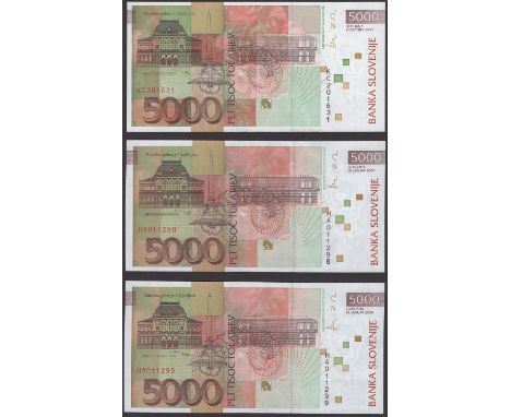 Bank of Slovenia, 5000 Tolarjev, 8 October 1997, serial number KC201631, also 5000 Tolarjev (2), 15 January 2000, serial numb