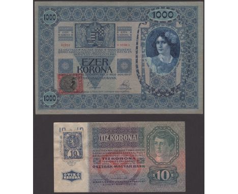 Republika Ceskoslovenska, 10, 20, 100 and 1000 Kronen, 1919 provisional issue, serial number 1002 529472, first and third wit