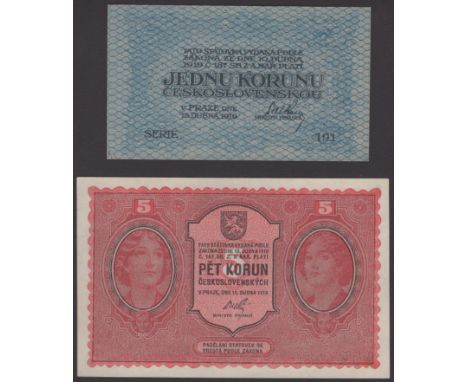 Republika Ceskoslovenska, 1 Koruna and 5 Korun, 15 October 1919, series 191 and 0034, first uncirculated, second with central