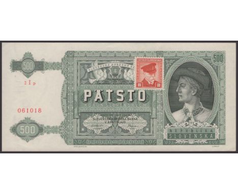 Republika Ceskoslovenska, 500 Korun, 1941 (1945), serial number 2Ip 061018, with red stamp affixed at right, minor handling, 