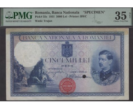 Banco Nationala a Romaniei, specimen 5000 Lei, 31 March 1931, no serial number, red BRADBURY WILKINSON seal, single cancellat