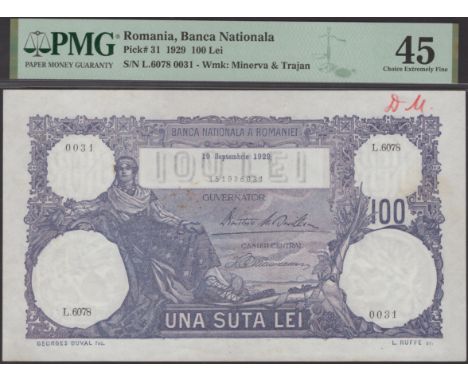 Banca Nationala a Romaniei, 100 Lei, 19 September 1929, serial number L.6078 0031, crayon annotation on obverse, minor stain,