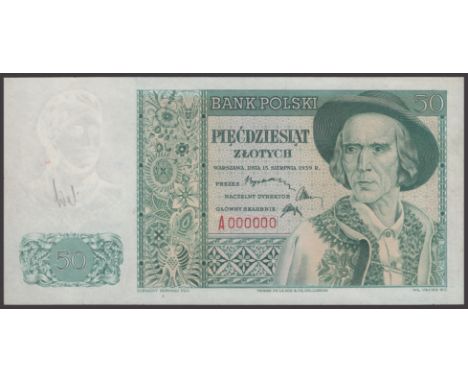 Bank Polski, Government in Exile, specimen 50 Zlotych on watermarked paper, 15 August 1939, serial number A000000, the serial