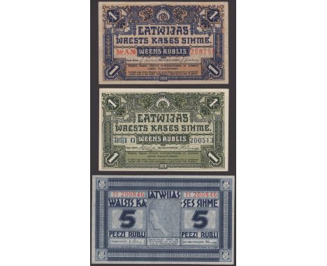 Latvijas Walsts Kases Sihme, a small group comprising 1 Rublis (2), 1919, both colour varieties, prefixes A and G, 5 Rubli, 1