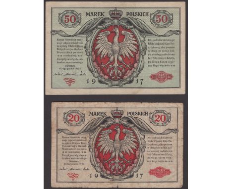 German Occupation WWI, Polish State Loan Bank, a group comprising 20 and 50 Marek, 1917 First Issue, 1/2, 10 and 100 Marek, 1