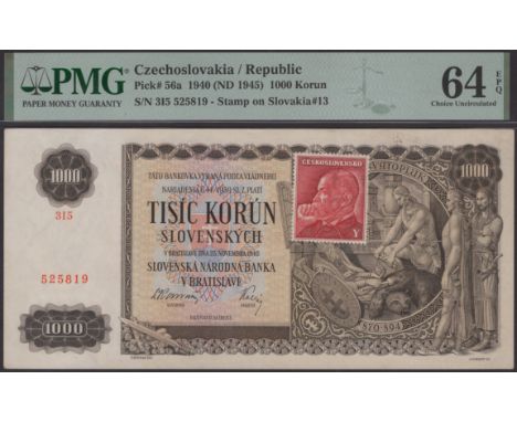 Republika Ceskoslovenska, 1000 Korun, 1940 (1945), serial number 3I5 525819, with dark red stamp affixed at right, in PMG hol