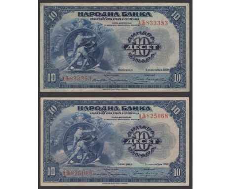 Kingdom of Serbs, Croats and Slovenes, National Bank, 10 Dinara (2), 1 November 1920, serial numbers 825068 and 833353, first