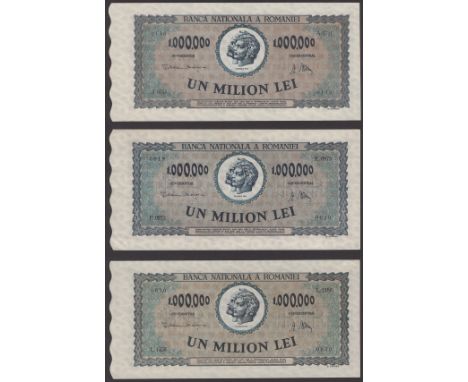 Banco Nationala a Romaniei, 100,000 Lei (2), 21 October 1946, serial numbers Y/2 0947267-68, also 1,000,000 Lei (3), 16 April