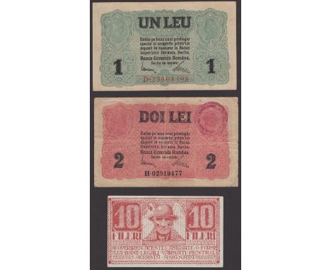 Banca Generala Romana, Romania, German Occupation WWI, 25 and 50 Bani, 1 and 2 Leu, 1917, also City of Timisoara, 10 Fileri, 