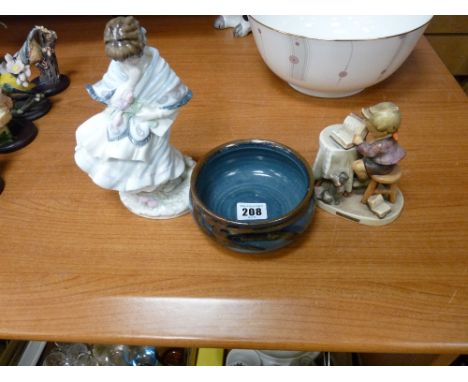 Small pottery bowl, Goebel figure and a Coalport lady