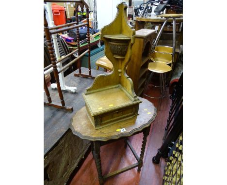 Piecrust top barley twist occasional table and an ornate wooden corner shelf with drawer