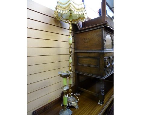 Faux onyx and brass standard lamp and shade along with a brass smoker's companion E/T