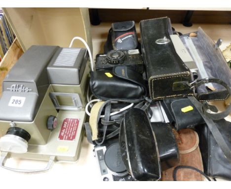 Large parcel of vintage cameras including an Aldis 303 projector, Yashica, cased Konica etc