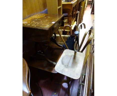 Square topped occasional table, small inlaid sofa table, tripod occasional table, wicker umbrella stand and contents (a parce