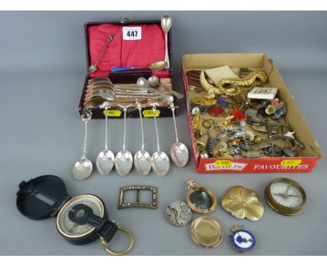 Engineer's compass, silver teaspoons and mixed jewellery
