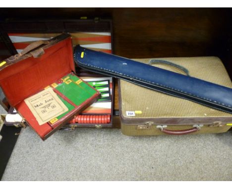 Leather cased Mah Jong set, a similar quality Backgammon set, vintage case and a snooker cue