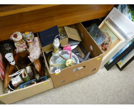 Two boxes of mixed household and ornamental items including treen wall shelf, parcel of paintings and prints etc