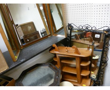 Triple dressing table mirror, hanging display shelf and a parcel of decorative mirrors