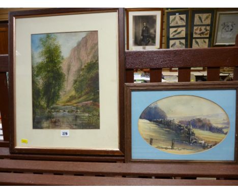 K WOOD watercolour, oval format - possibly Yorkshire scene, 20 x 30 cms and JOHN THORLEY? watercolour - riverside scene, 36 x