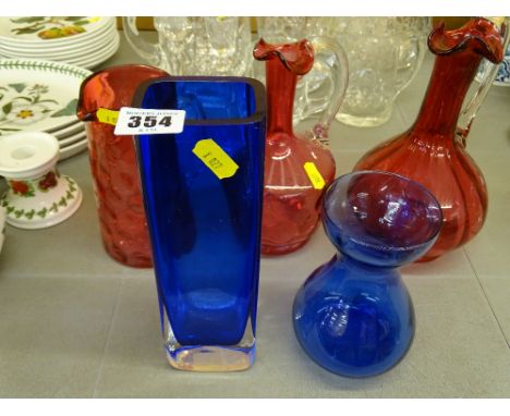 Three items of good cranberry glassware, two Bristol blue glass items, an electroplate tankard, hip flask etc