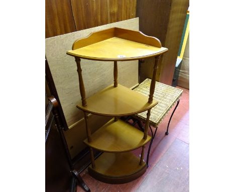 Light wood four shelf corner whatnot, weave top occasional table and a polished wood easel