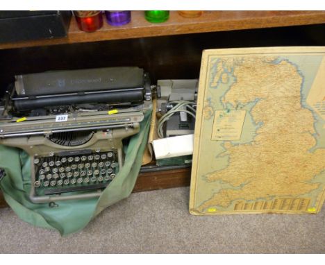 Vintage Underwood typewriter, boxed Rank Electra projector and a vintage RAC map