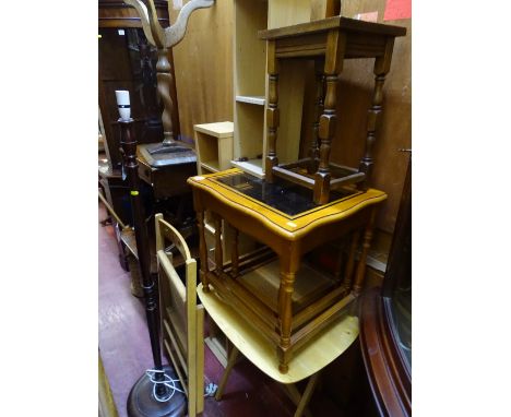 Light wood occasional table, nest of three tables with glass inserts, CD storage rack, folding chair and a turned column stan