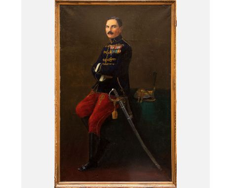 Miklos Baravas (1810-1898)-attributed, Full size portrait of Austro-Hungarian officer with sword and artillery czako, leaning