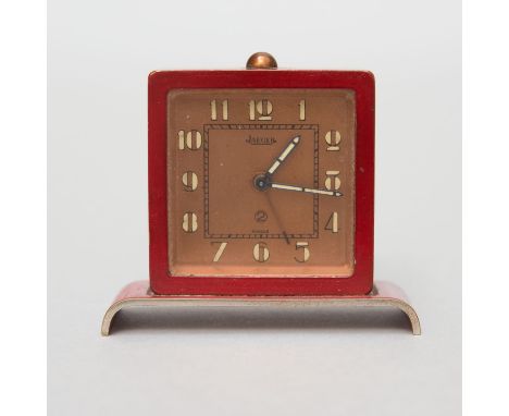 Jaeger alarm clock, quadratic shape, Arabic numbers, metal house, red lacquered; function not tested; Swiss made around 1960.