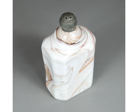 Baroque glass flask, octagonal shape, with white and brown marble imitating glass; on top pewter screwable finial with six ho