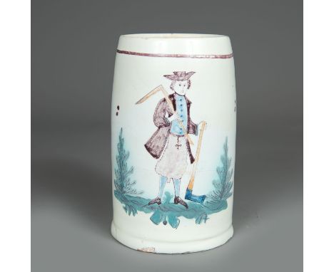 Ceramic tankard, round shape with hand grip, painted with multi colours farmer in landscape; lid missing; Salzburg 18th Centu