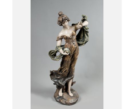 Goldscheider sculpture, girl in waved dress, holding a ball, ceramic and plaster, numbered and described on the bottom, paint