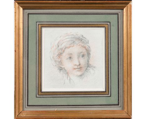 French artist 18th Century, Girl portrait, black and red chalk on paper, framed, under glass. 8.5x9cm