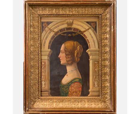 Italian School 16th/17th Century, Portrait of a lady in architectural window; oil on wooden panel; 34x25cm; in classicist gil