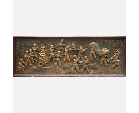 Monumental Chinese relief, rectangular shape showing children carrying a statue and dressed with masks, in landscape, partly 