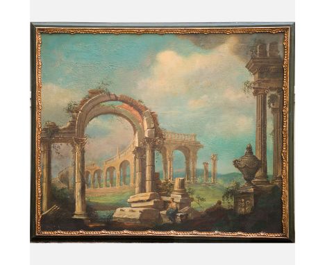 Giovanni Paolo Pannini (1691-1765)-follower, Large architectural capriccio, with figures in landscape, oil on canvas, framed.