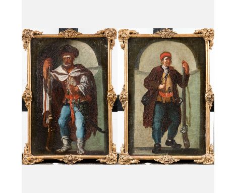 Jacques Callot (1592-1635)-attributed, Portrait of two men in arms, standing in niches; oil on canvas; on the reverse old des