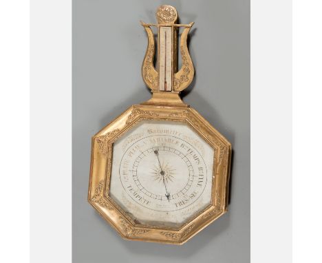 French barometer, octagonal shape with lira top, gilded and decorated, original thermometer, dial in the centre with iron fin