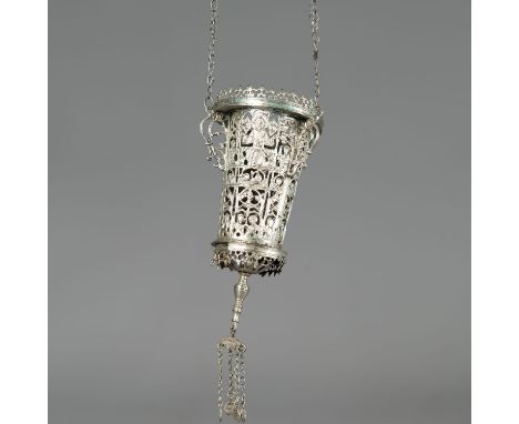 Sanctuary lamp, metal silvered; on three chains, open work top, cylindrical shaft with open work and rich figural decorations