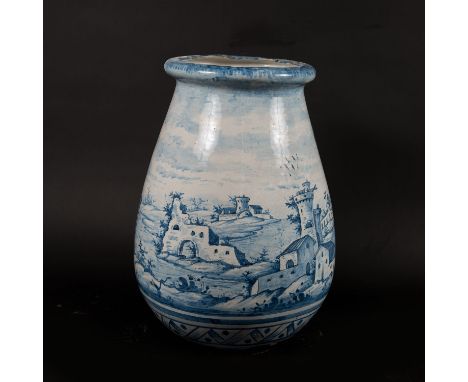 Large Castelli ceramic, in pear shape with wide spout; blue painted landscapes on white ground, in the centre family coat of 