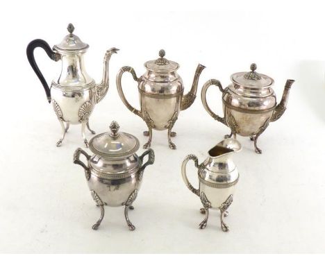 A good French 5-piece silver-plated composite tea and coffee set  set, late 19th/early 20th century, ovoid  bodies on lotus a