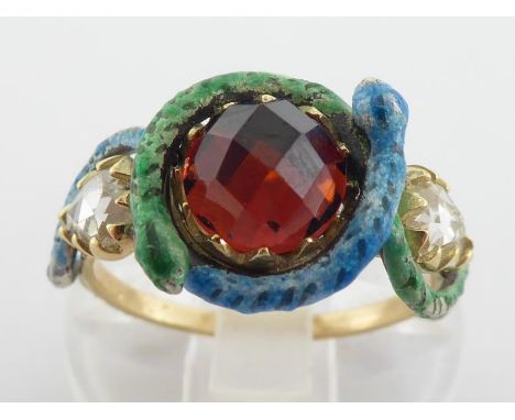 A pyrope garnet, diamond and enamel ring by Gaetano Chiavetta, the central high domed rose cut pyrope in a surround of two en