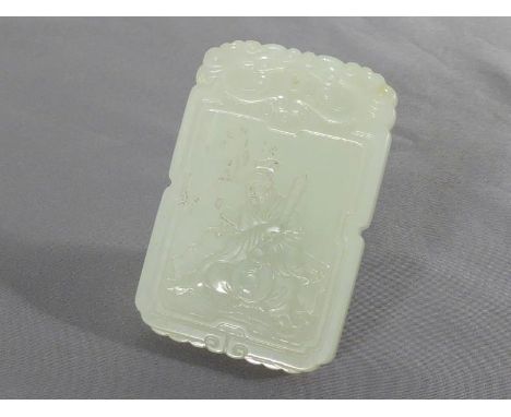 A Chinese carved white jade plaque of rectangular form, one side carved with figure, the other side carved with poem, stone i