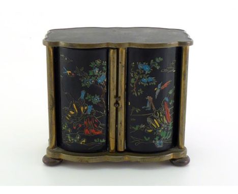 A Bedside manual wind alarm clock, circa 1940, in the form of a chinoiserie double cylinder shape miniature cabinet in a bras