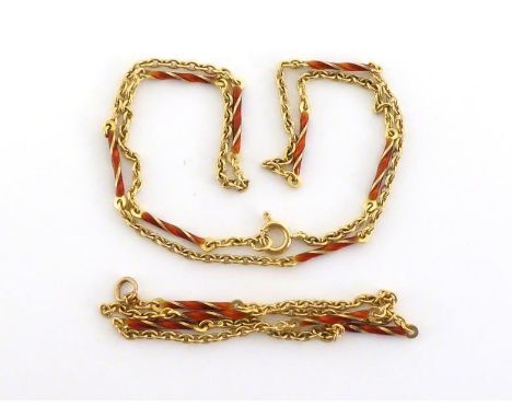 A gold and enamel necklet and bracelet suite, with red enamel set bar spacers, the bolt ring clasp on each stamped ‘750’, 8.8